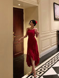 Niulatu High Low Spaghetti Straps Red Long Prom Dresses Birthday Outfits Evening Gown SD1004