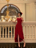Niulatu High Low Spaghetti Straps Red Long Prom Dresses Birthday Outfits Evening Gown SD1004
