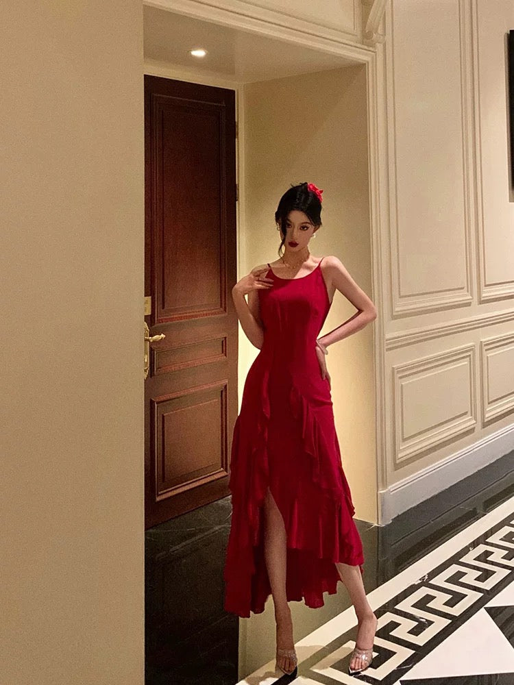 Niulatu High Low Spaghetti Straps Red Long Prom Dresses Birthday Outfits Evening Gown SD1004