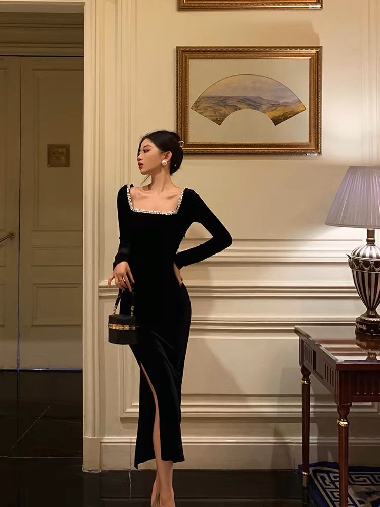 Niulatu French Sheath Square Neckline Black Prom Dresses Birthday Outfits Evening Gown SD1039
