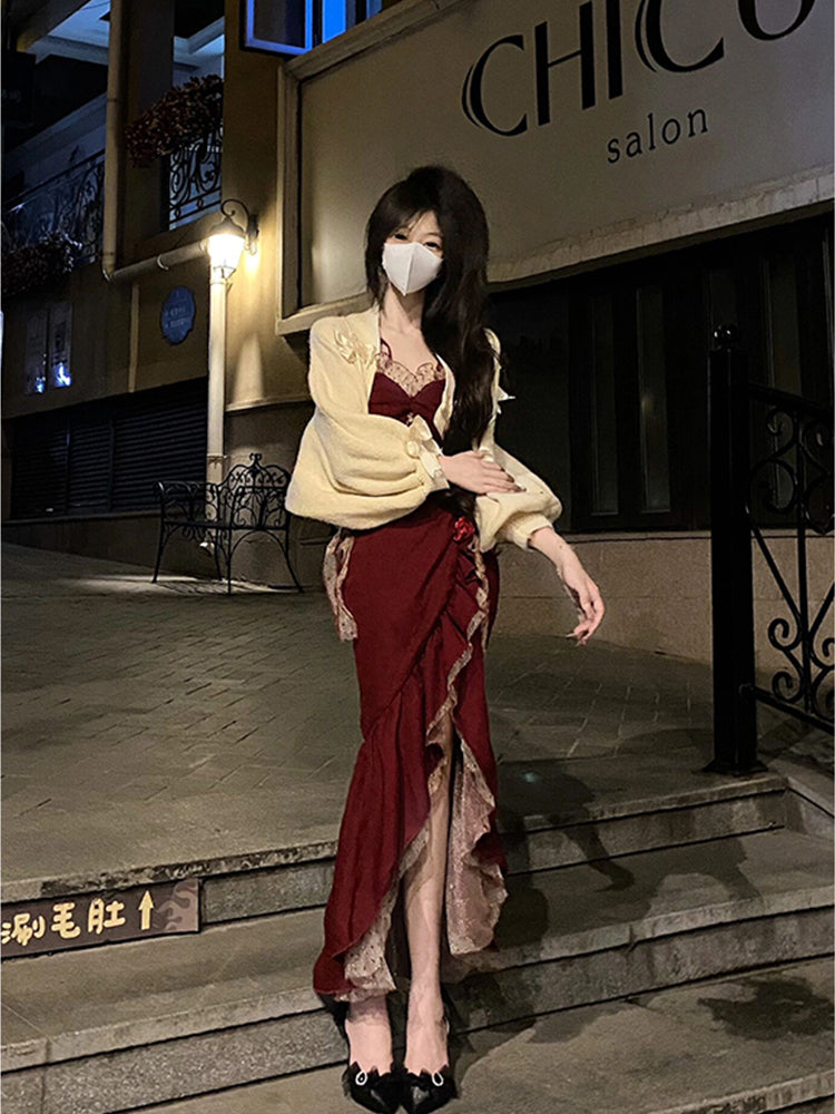 Niulatu High Low Spaghetti Straps Lolita Dress Christmas Dress Burgundy Birthday Dresses SD1129
