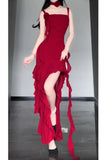 Niulatu High Low Spaghetti Straps Christmas Dress Red Prom Dresses Birthday Outfits SD1168