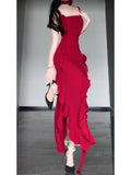 Niulatu High Low Spaghetti Straps Christmas Dress Red Prom Dresses Birthday Outfits SD1168