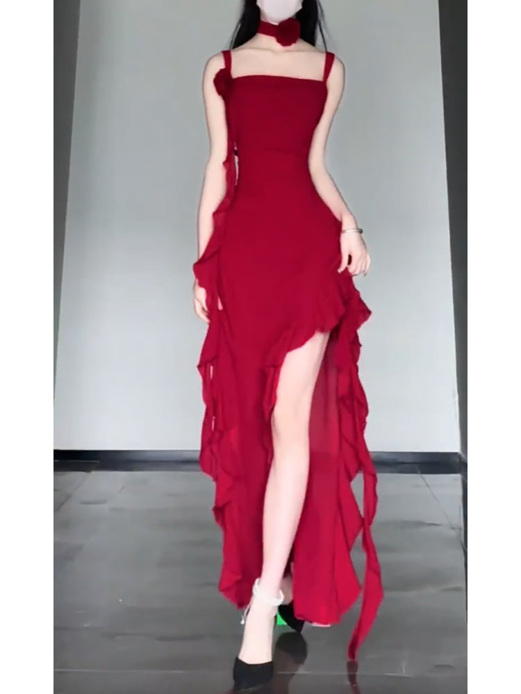 Niulatu High Low Spaghetti Straps Christmas Dress Red Prom Dresses Birthday Outfits SD1168