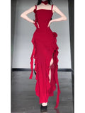 Niulatu High Low Spaghetti Straps Christmas Dress Red Prom Dresses Birthday Outfits SD1168