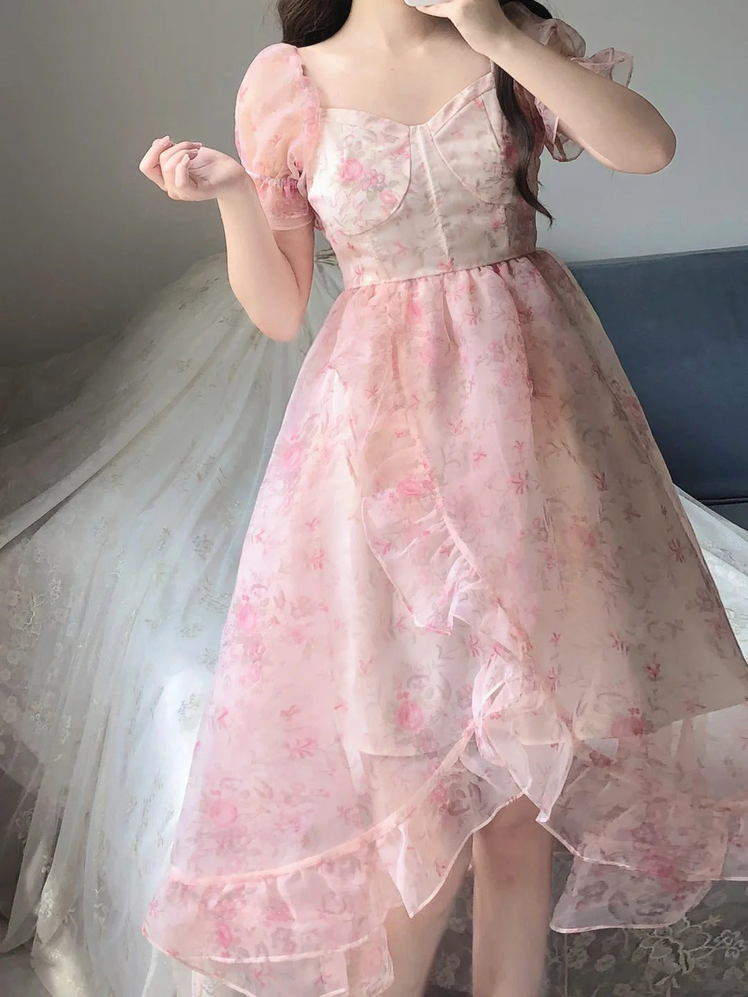 Niulatu High Low Square Neckline Floral Holiday Dress Birthday Dresses Birthday Outfits SD1307
