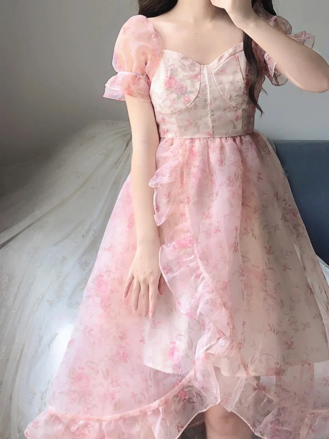 Niulatu High Low Square Neckline Floral Holiday Dress Birthday Dresses Birthday Outfits SD1307