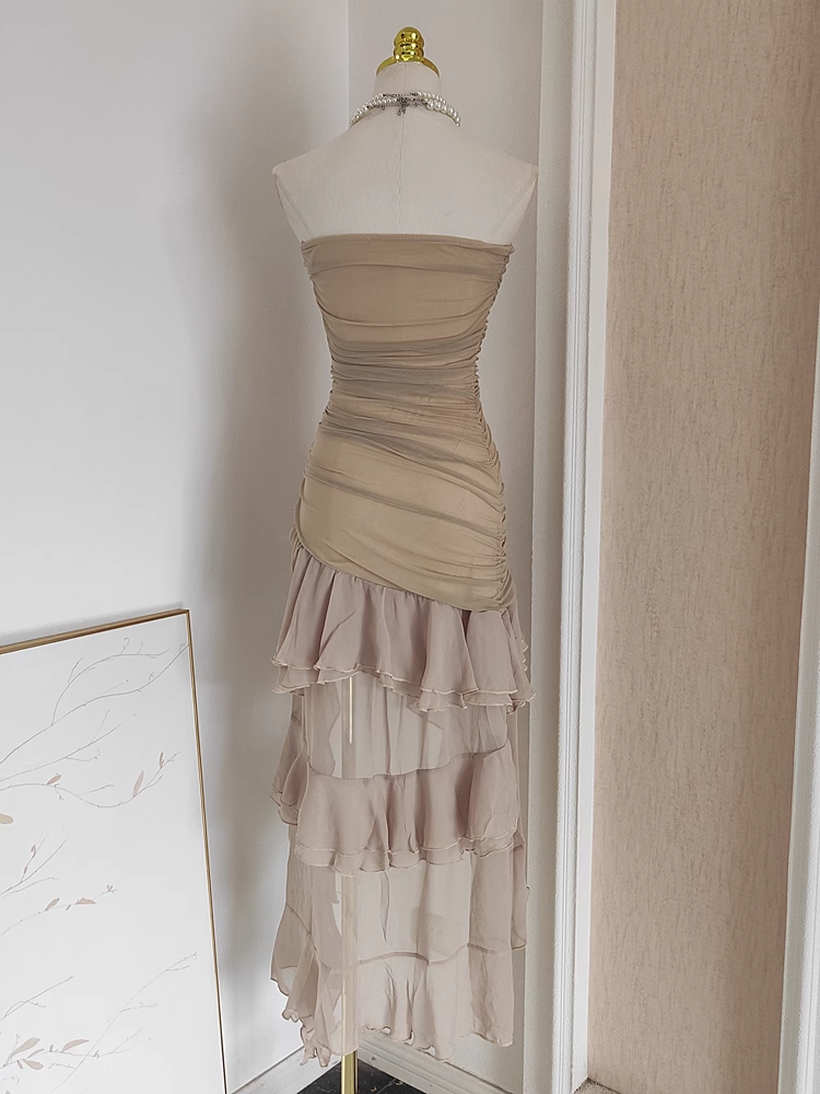 Niulatu High Low Strapless Champagne Chiffon Ruffles Vacation Dress Women Dresses SD141