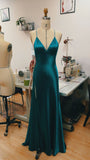 Niulatu Teal Blue Satin V-neck Formal Prom Party Dress with Slit SD1445
