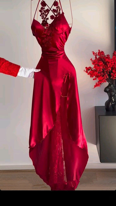 Niulatu A Line Halter Red Sleeveless Long Party Dress Prom Dresses SD1457