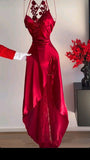 Niulatu A Line Halter Red Sleeveless Long Party Dress Prom Dresses SD1457