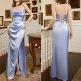 Niulatu A Line Halter Blue Sleeveless Long Party Dress Prom Dresses SD1458