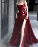 Niulatu Sheath Strapless Burgundy Sleeveless Long Party Dress Sequin Prom Dresses SD1460