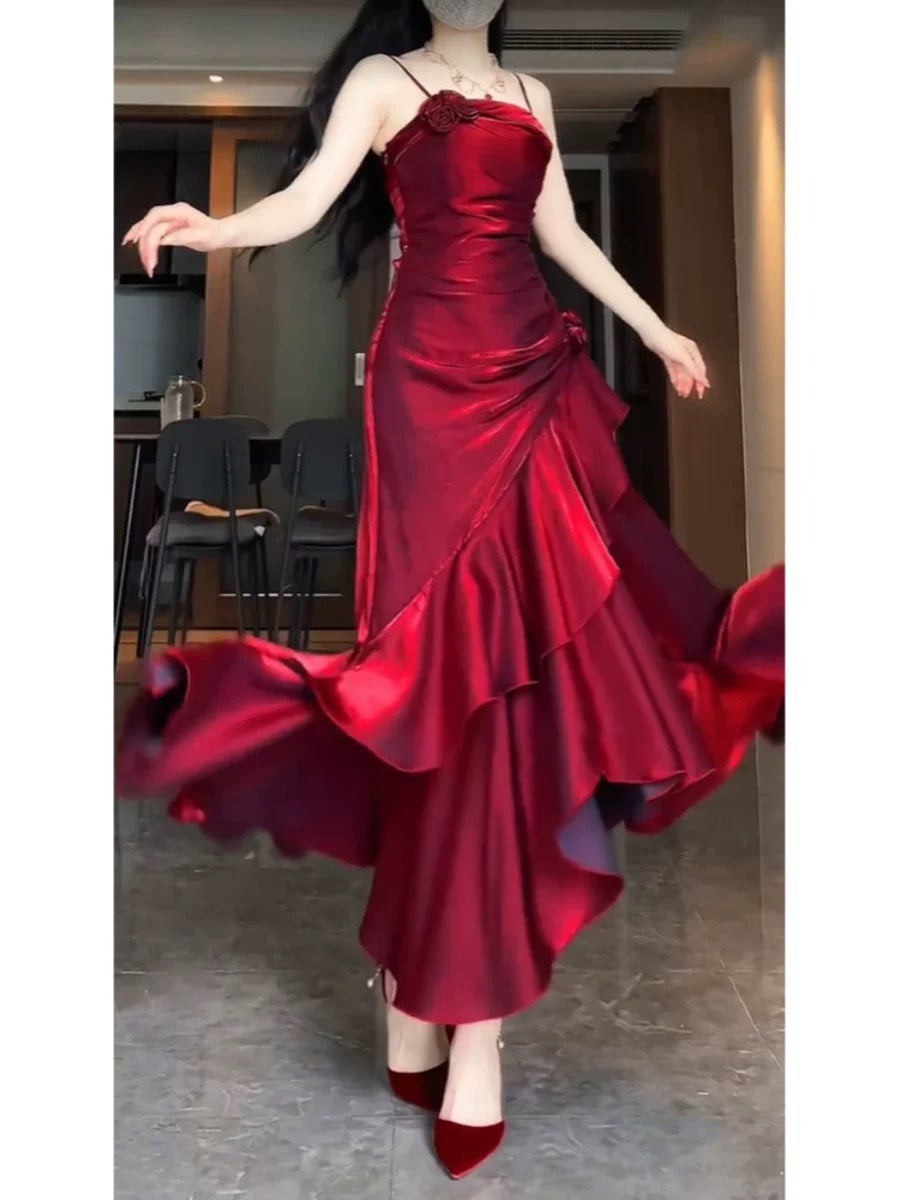 Niulatu Mermaid Spaghetti Straps Burgundy Party Dress Long Prom Dresses SD1465