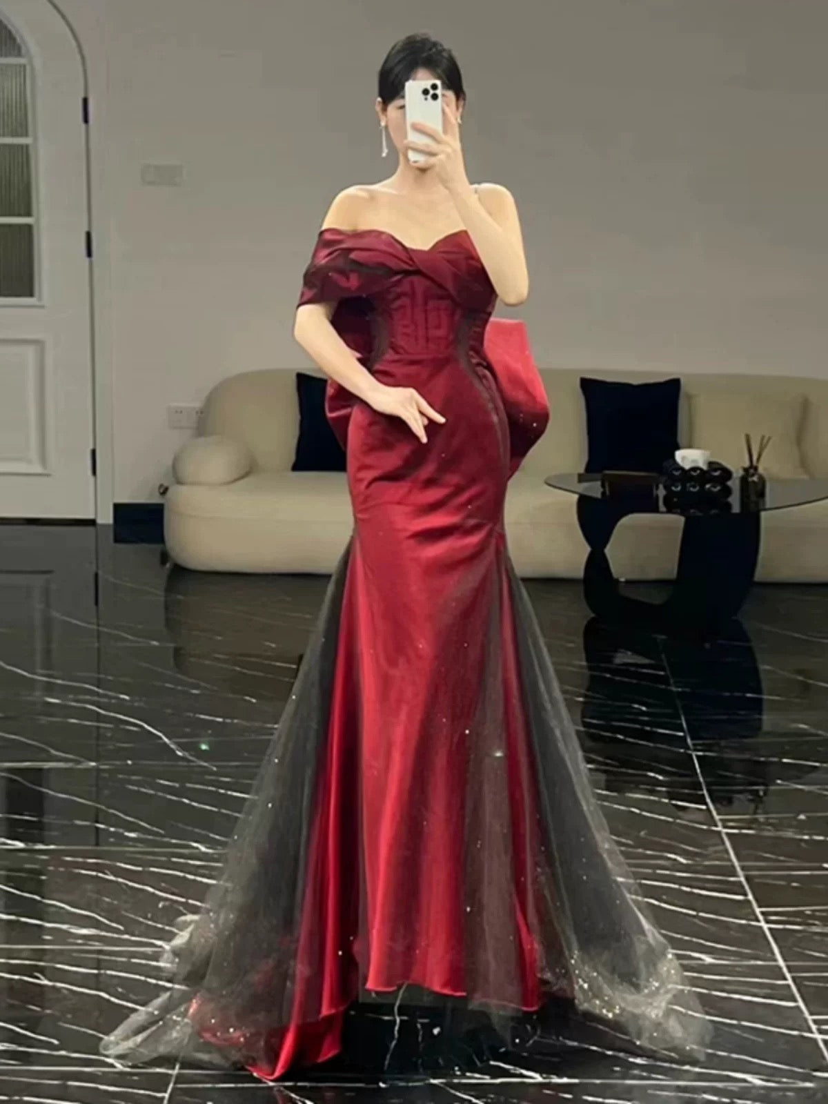 Niulatu Mermaid Off The Shoulder Burgundy Long Party Dress Satin Prom Dresses SD1467