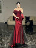 Niulatu Mermaid Off The Shoulder Burgundy Long Party Dress Satin Prom Dresses SD1467