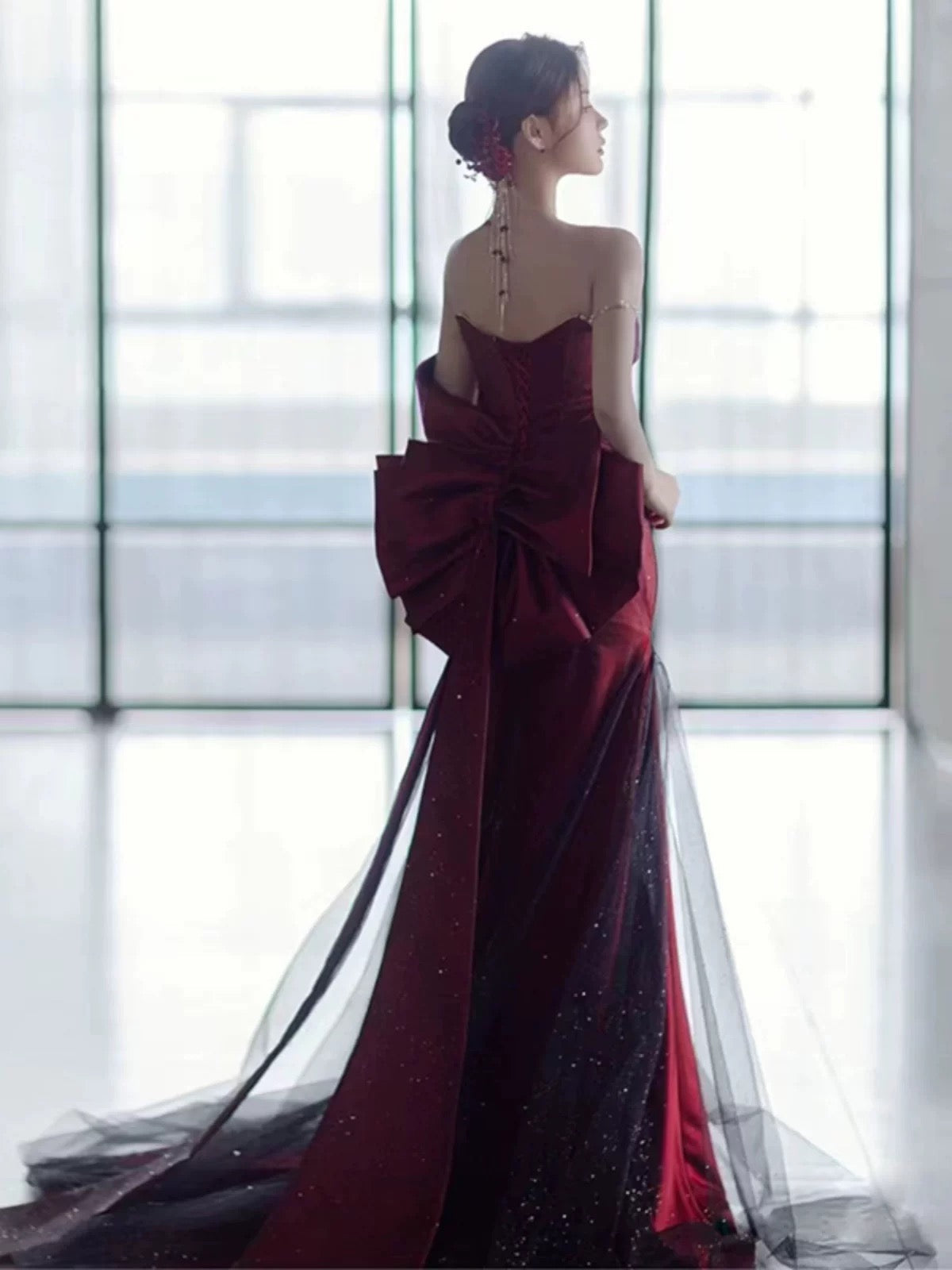 Niulatu Mermaid Off The Shoulder Burgundy Long Party Dress Satin Prom Dresses SD1467