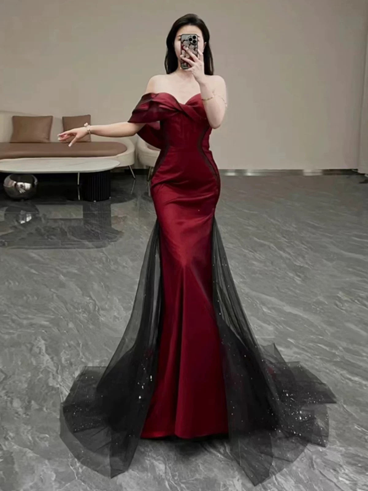 Niulatu Mermaid Off The Shoulder Burgundy Long Party Dress Satin Prom Dresses SD1467