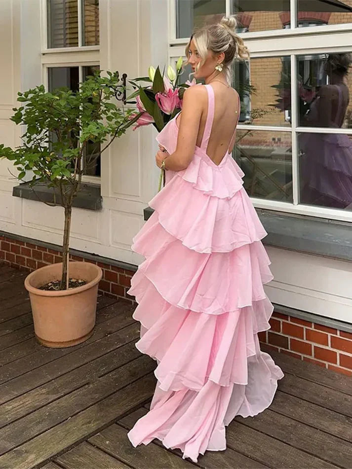 Niulatu A line Halter Chiffon floor-length pink prom dresses SD1480