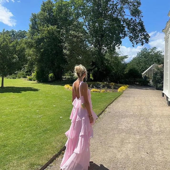 Niulatu A line Halter Chiffon floor-length pink prom dresses SD1480