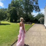 Niulatu A line Halter Chiffon floor-length pink prom dresses SD1480