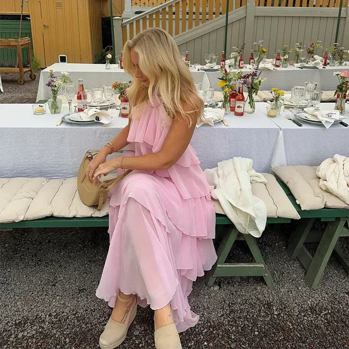 Niulatu A line Halter Chiffon floor-length pink prom dresses SD1480