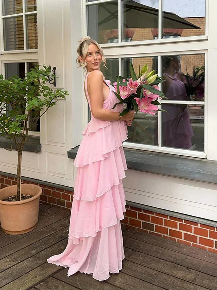 Niulatu A line Halter Chiffon floor-length pink prom dresses SD1480