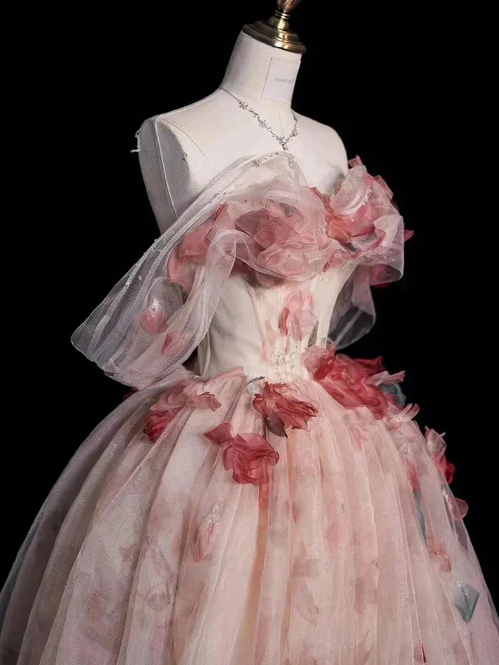 Niulatu Ball Gown Off The Shoulder Pink Lace Party Dress Long Prom Dress Evening Dresses SD1772