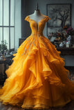 Niulatu Ball Gown Off The Shoulder Yellow Tulle Party Dress Long Prom Dresses Evening Dresses SD1784