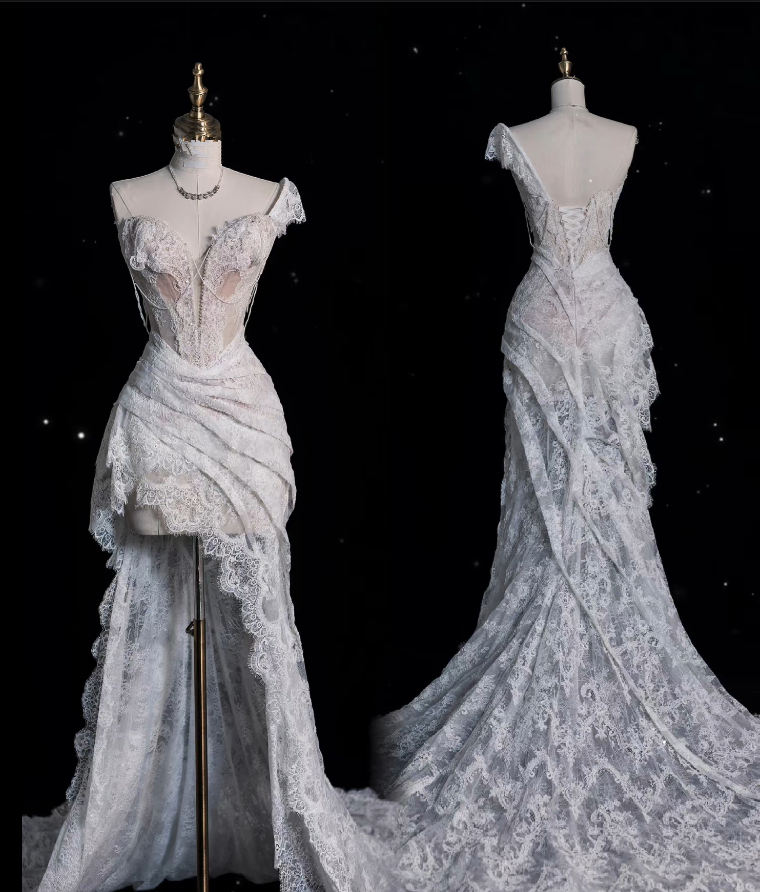 Niulatu High Low One Shoulder Lace White Long Wedding Dresses SD1843