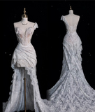 Niulatu High Low One Shoulder Lace White Long Wedding Dresses SD1843