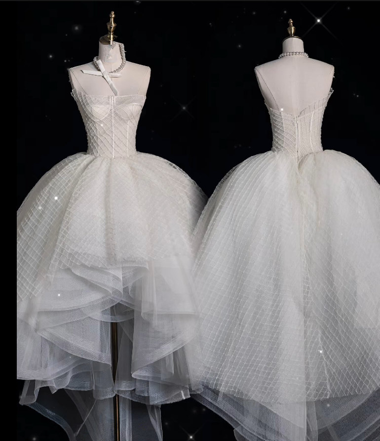 Niulatu High Low Strapless Tulle White Long Wedding Dresses SD1844