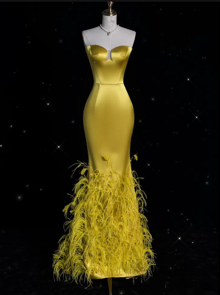 Niulatu Mermaid Strapless Yellow Satin Party Dress Long Prom Dress Evening Dresses SD1849