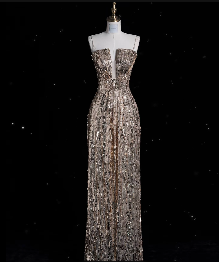 Niulatu A line Spaghetti Straps Sequin Long Evening Dress Prom Dresses SD1850
