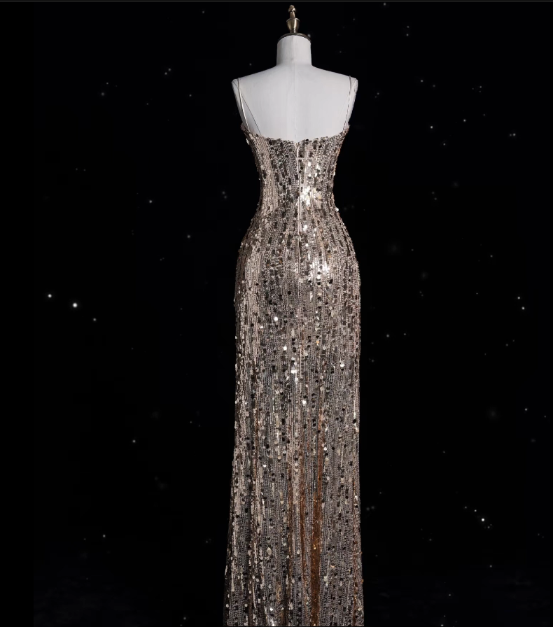 Niulatu A line Spaghetti Straps Sequin Long Evening Dress Prom Dresses SD1850