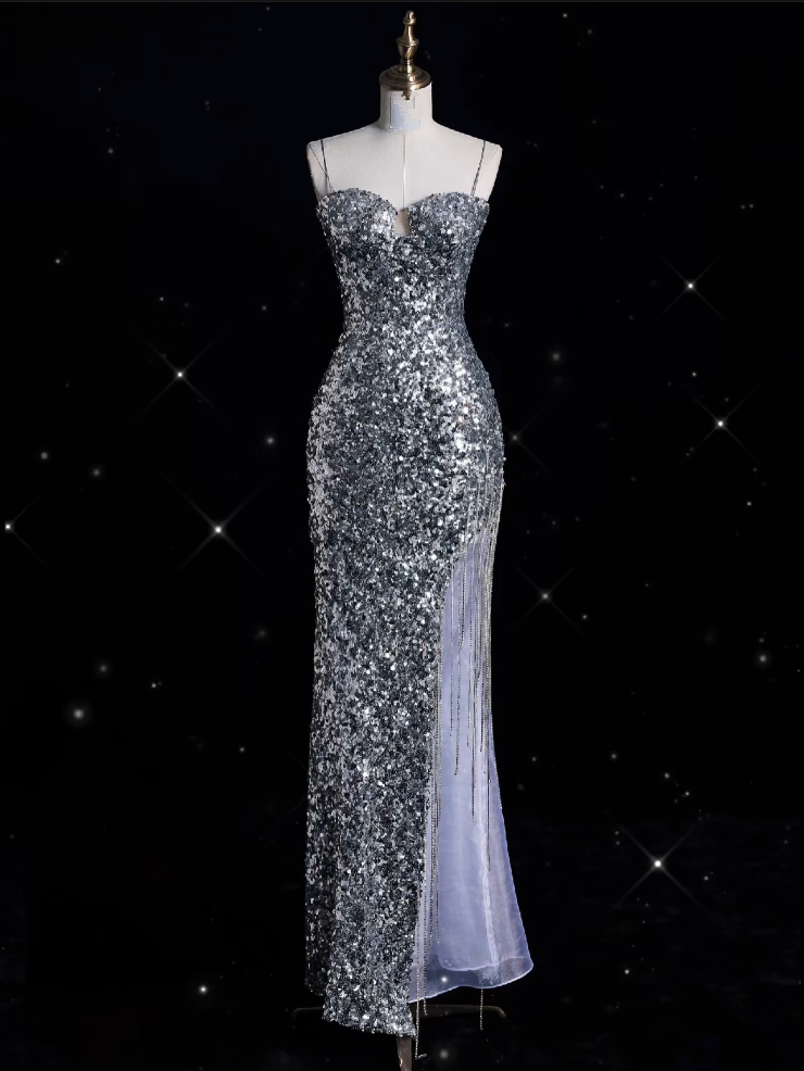 Niulatu Sheath Spaghetti Straps Sequin Silver Long Evening Dress Prom Dresses SD1851