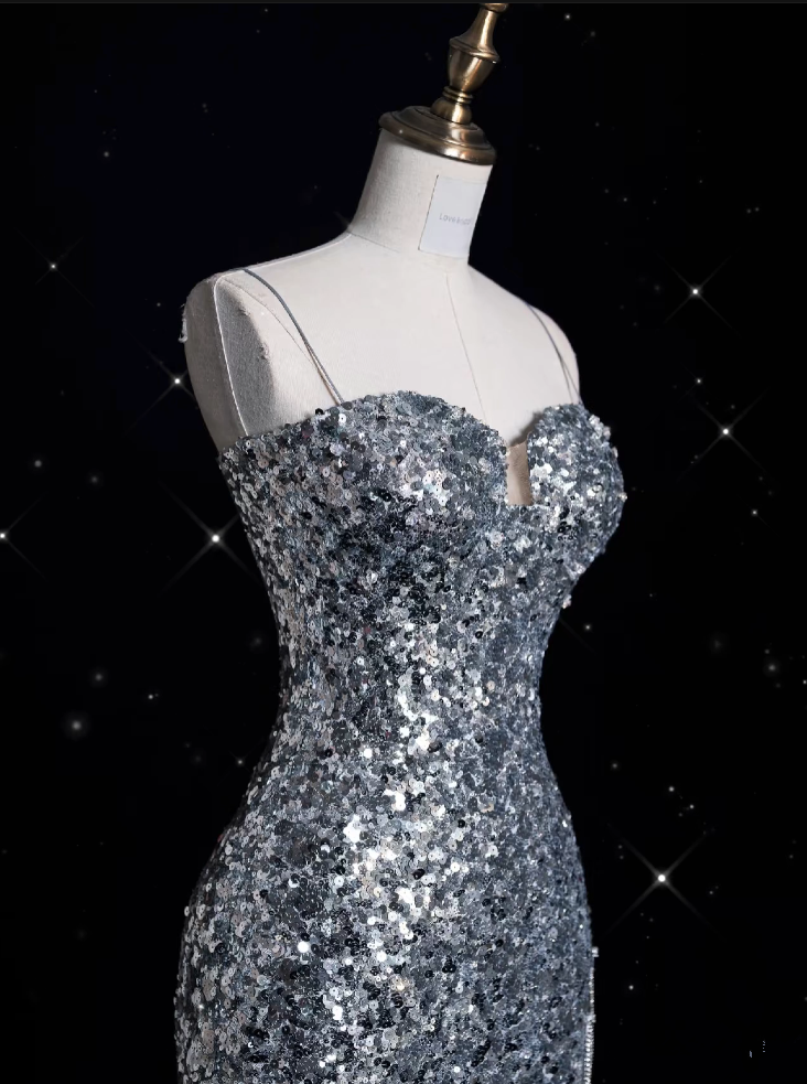 Niulatu Sheath Spaghetti Straps Sequin Silver Long Evening Dress Prom Dresses SD1851
