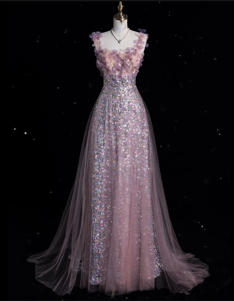 Niulatu A Line Straps Sequin Pink Party Dress Long Prom Dress Evening Dresses SD1855