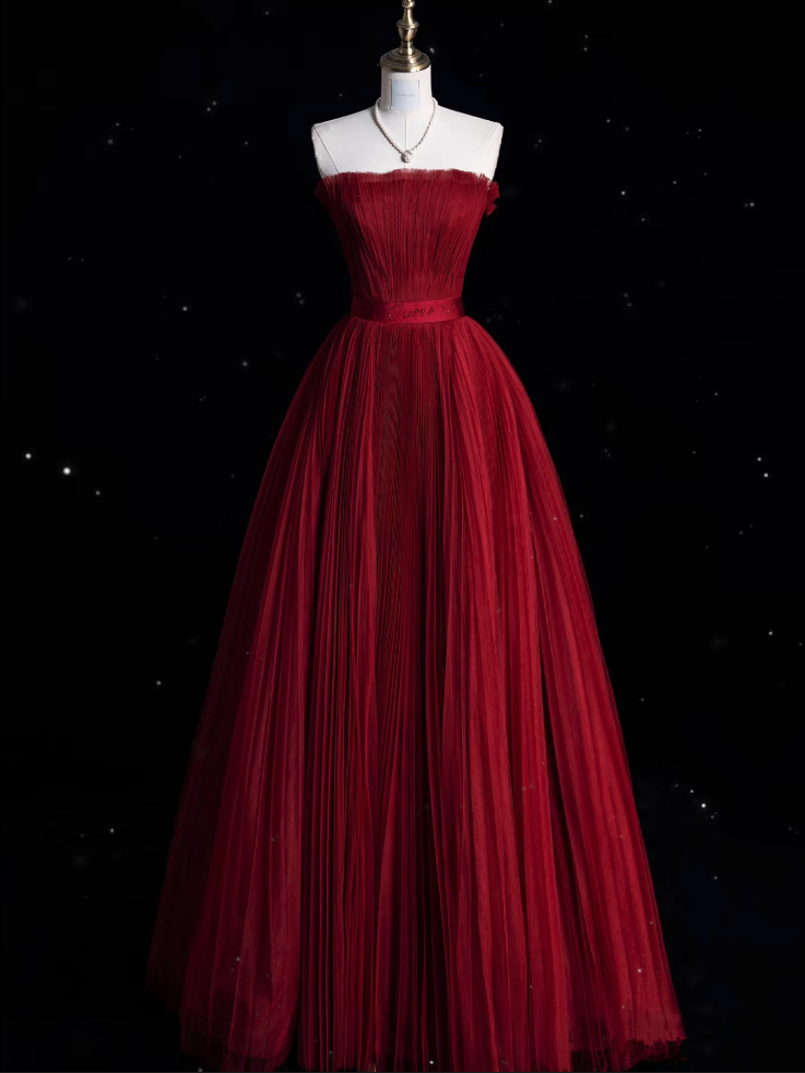 Niulatu A Line Strapless Burgundy Party Dress Long Prom Dress Evening Dresses SD1856