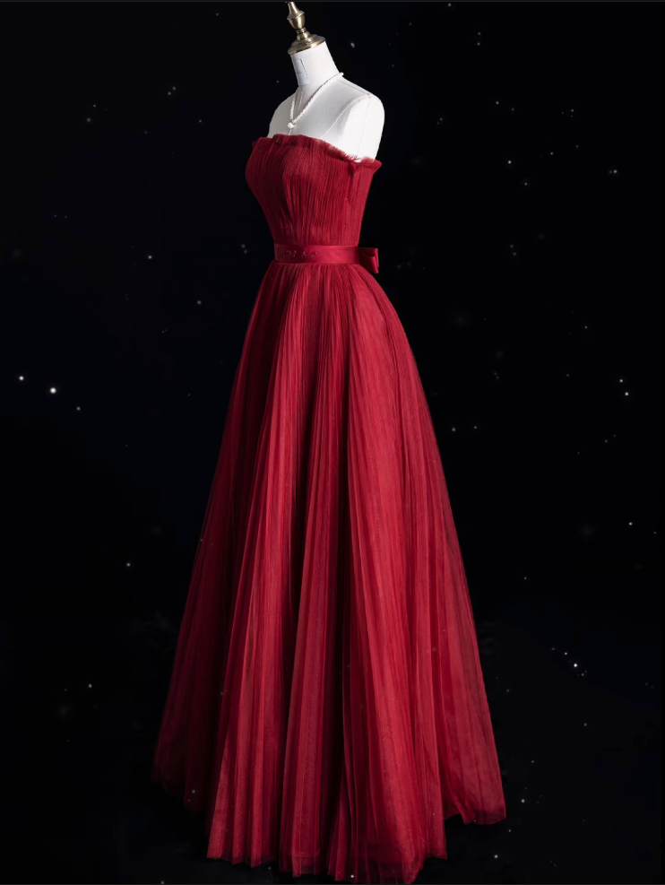 Niulatu A Line Strapless Burgundy Party Dress Long Prom Dress Evening Dresses SD1856