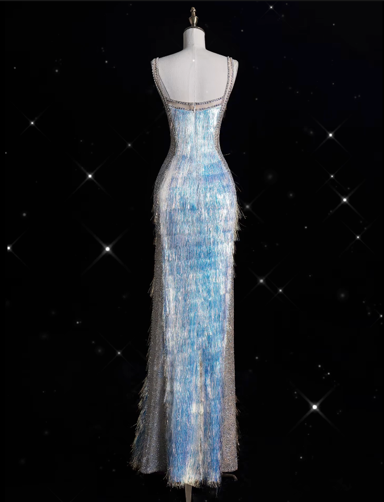 Niulatu Mermaid Straps Sequin Blue Party Dress Long Prom Dress Evening Dresses With Tassel SD1857