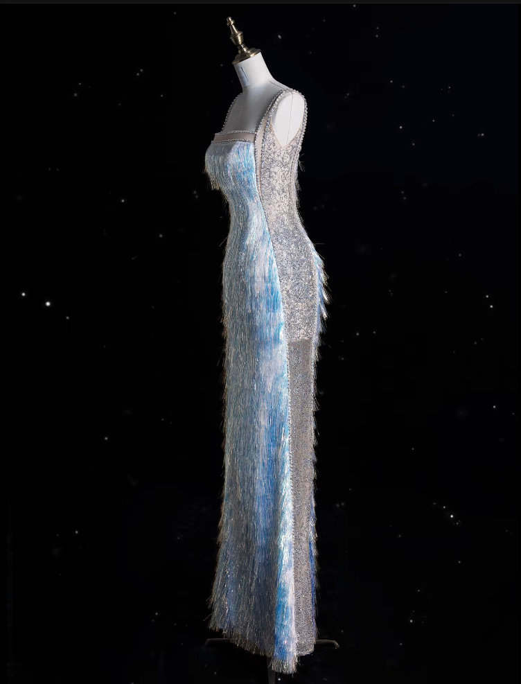 Niulatu Mermaid Straps Sequin Blue Party Dress Long Prom Dress Evening Dresses With Tassel SD1857