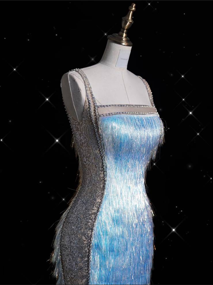 Niulatu Mermaid Straps Sequin Blue Party Dress Long Prom Dress Evening Dresses With Tassel SD1857