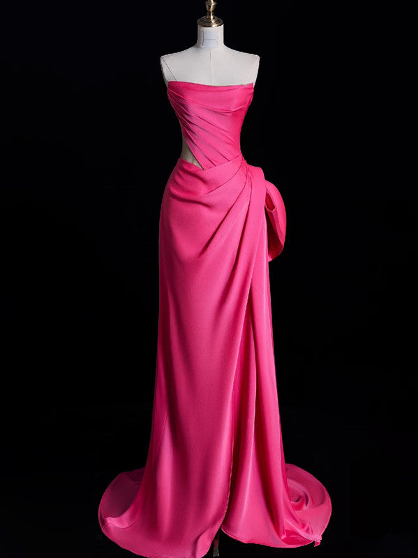 Niulatu Mermaid Strapless Pink Satin Party Dress Long Prom Dress Evening Dresses SD1852