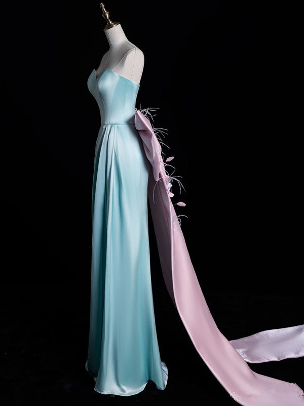 Niulatu A Line Sweetheart Blue Satin Party Dress Long Prom Dress Evening Dresses SD1853