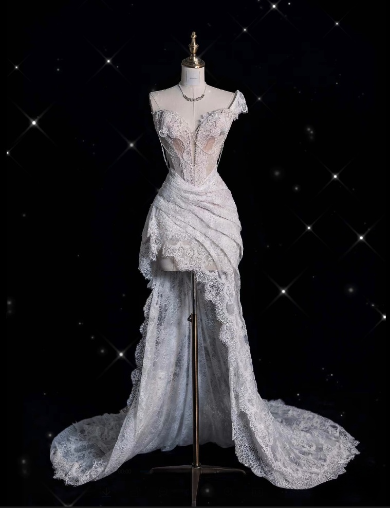 Niulatu High Low One Shoulder Lace White Long Wedding Dresses SD1943