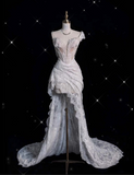 Niulatu High Low One Shoulder Lace White Long Wedding Dresses SD1943