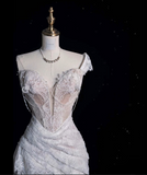 Niulatu High Low One Shoulder Lace White Long Wedding Dresses SD1943