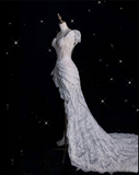 Niulatu High Low One Shoulder Lace White Long Wedding Dresses SD1943