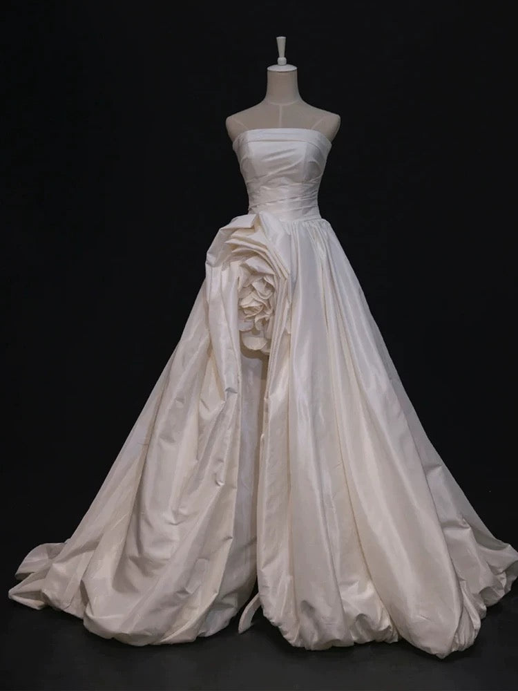 Niulatu High Low Strapless Satin Ivory Wedding Dresses Brides Dress SD1969